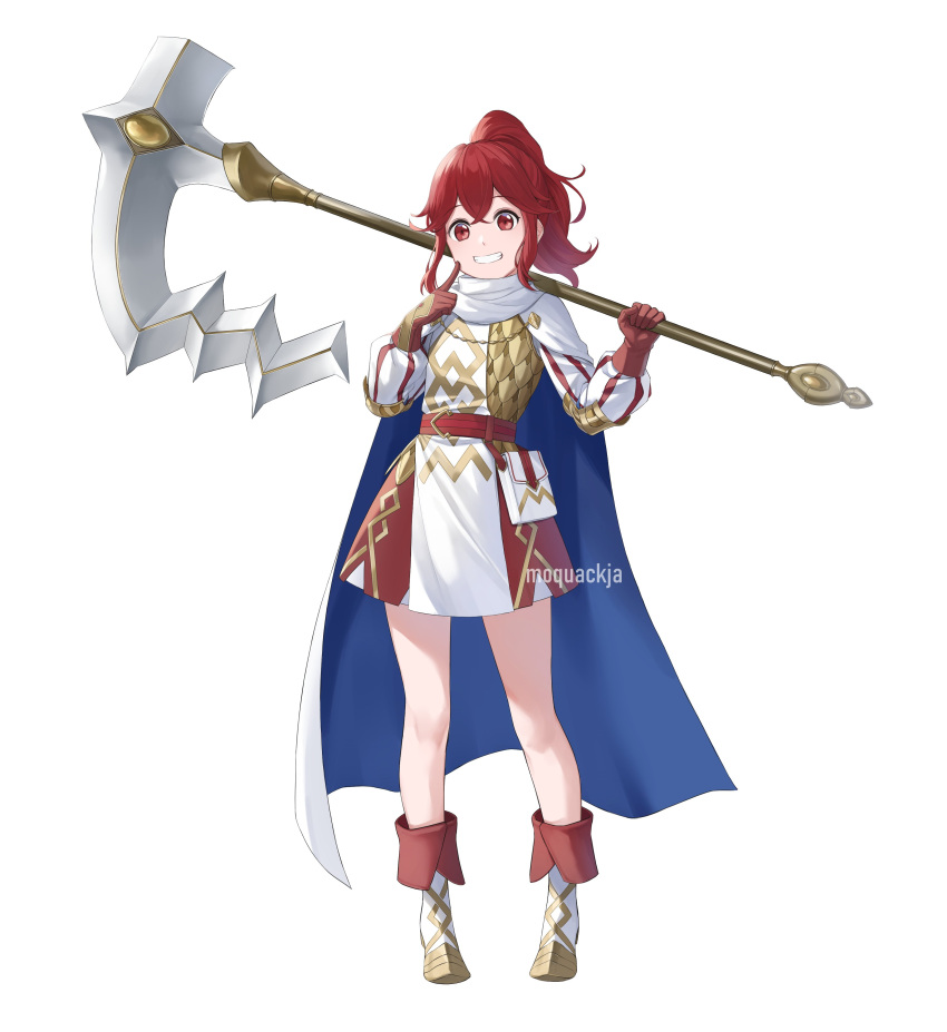 1girl absurdres alternate_costume anna_(fire_emblem) armor artist_name axe cape commission crossed_bangs dress fire_emblem fire_emblem_engage fire_emblem_heroes full_body gloves highres holding holding_axe index_finger_raised long_hair looking_at_viewer moja_(rainpoow) ponytail red_eyes red_gloves red_hair scale_armor smile solo teeth white_background