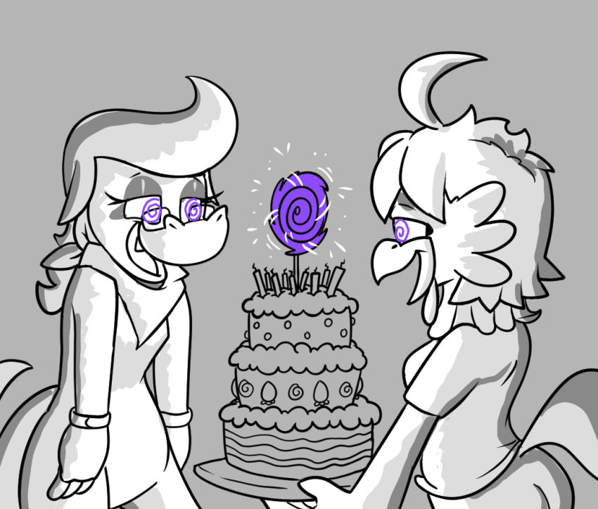 2022 ahoge anthro avian avian_caruncle bandanna beak bird birthday_cake bottomless cake clothed clothing comb_(anatomy) cute_fangs dessert duo featureless_crotch female fingerless_gloves food fruit gloves grey_background greyscale hair half-closed_eyes handwear happy head_crest holding_cake holding_food holding_object hypnosis kerchief lizard mind_control monochrome narrowed_eyes open_mouth plant puchipi raised_hand reptile scalie shirt simple_background smile spot_color standing strawberry topwear ulti_(ultilix) yellow_background