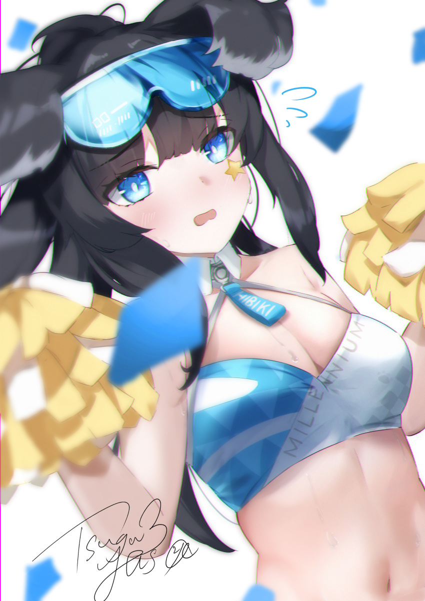 1girl absurdres animal_ears bare_shoulders black_hair blue_archive blue_eyes blush breasts cheerleader confetti crop_top dog_ears dog_girl dutch_angle eyewear_on_head goggles goggles_on_head hibiki_(blue_archive) hibiki_(cheer_squad)_(blue_archive) highres holding holding_pom_poms long_hair looking_at_viewer millennium_cheerleader_outfit_(blue_archive) navel official_alternate_costume pom_pom_(cheerleading) signature simple_background sleeveless solo star_sticker sticker_on_face tsugumiyusa upper_body