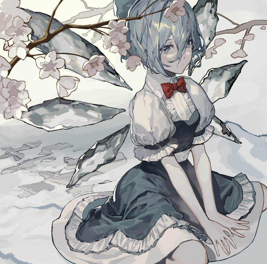 1girl absurdres arm_support blue_bow blue_dress blue_eyes blue_hair bow bowtie branch cherry_blossoms cirno collared_shirt commentary cowboy_shot cyrintheum detached_wings dress hair_between_eyes hair_bow highres ice ice_wings looking_at_viewer red_bow red_bowtie shirt short_hair sitting touhou wariza white_shirt wings