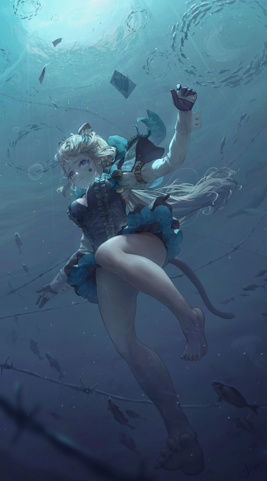 1girl absurdres air_bubble animal animal_ears barbed_wire barefoot blonde_hair blue_eyes bubble capelet card cat_ears cat_tail closed_mouth day facial_mark facial_tattoo fish fisheye freediving frilled_leotard frills full_body furrowed_brow genshin_impact gloves highres holding_breath jay_xu leotard long_hair long_sleeves lynette_(genshin_impact) outdoors soles star_(symbol) star_facial_mark star_tattoo submerged tail tattoo toes underwater very_long_hair whale