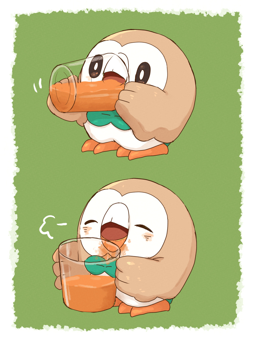 =3 abstract_background absurdres animal animal_focus beak bird bow bowtie bright_pupils brown_feathers closed_eyes cup drink drinking drinking_glass feathers full_body green_background green_bow green_bowtie highres hiyoko_kurabu holding holding_drink juice motion_lines o_o orange_juice owl pokemon pokemon_(creature) rowlet spill talons white_background white_feathers white_pupils