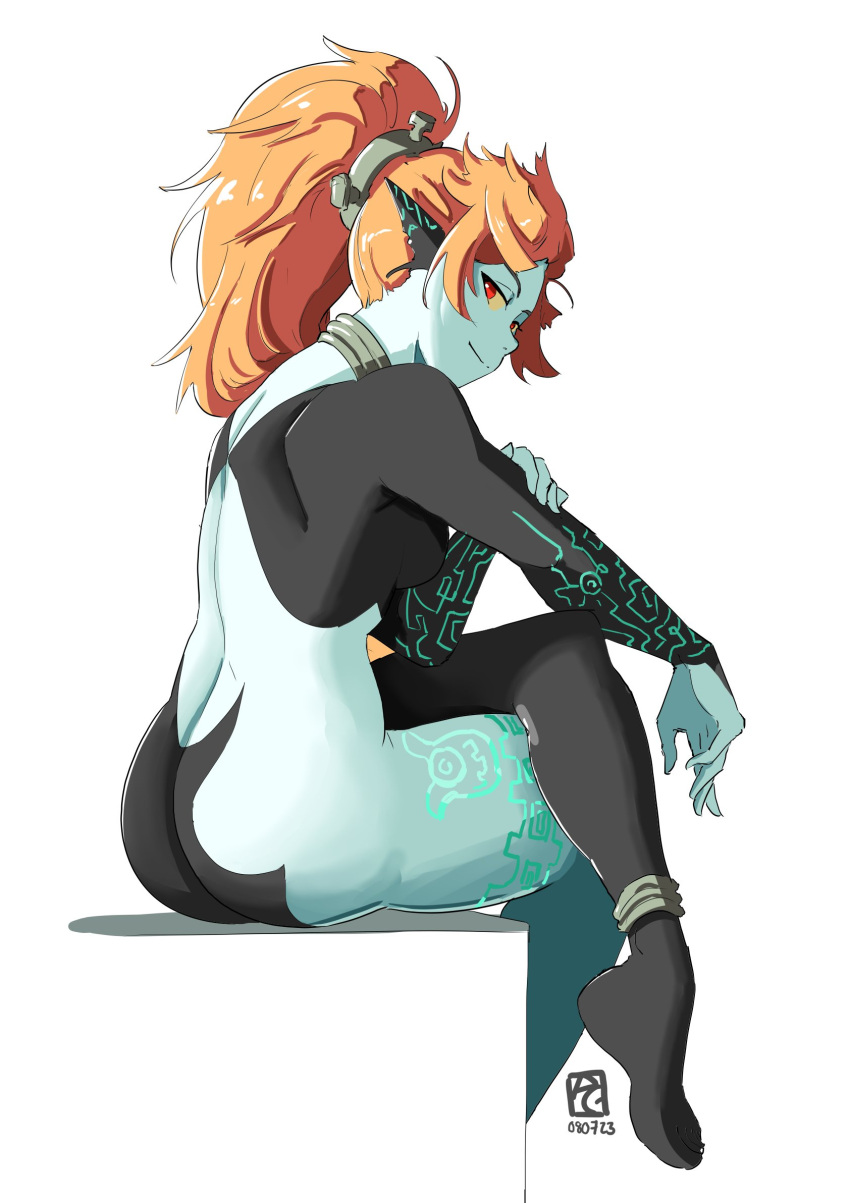 1girl anklet ass automatic_giraffe body_markings breasts colored_skin crossed_legs hand_on_own_arm high_ponytail highres jewelry long_hair looking_at_viewer median_furrow medium_breasts midna multicolored_skin neck_ring neon_trim orange_hair pointy_ears red_eyes sitting the_legend_of_zelda the_legend_of_zelda:_twilight_princess thick_thighs thighs