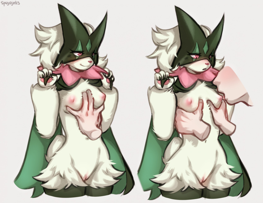 anthro blush breasts disembodied_hand disembodied_head female female_focus fur generation_9_pokemon genitals green_body green_fur hand_on_breast hand_on_chest hi_res human human_on_anthro interspecies licking mammal meowscarada nintendo nipple_fetish nipple_lick nipple_play nipples pokemon pokemon_(species) pokephilia pussy red_eyes simple_background small_breasts smile solo_focus spuydjeks tongue tongue_out wide_hips