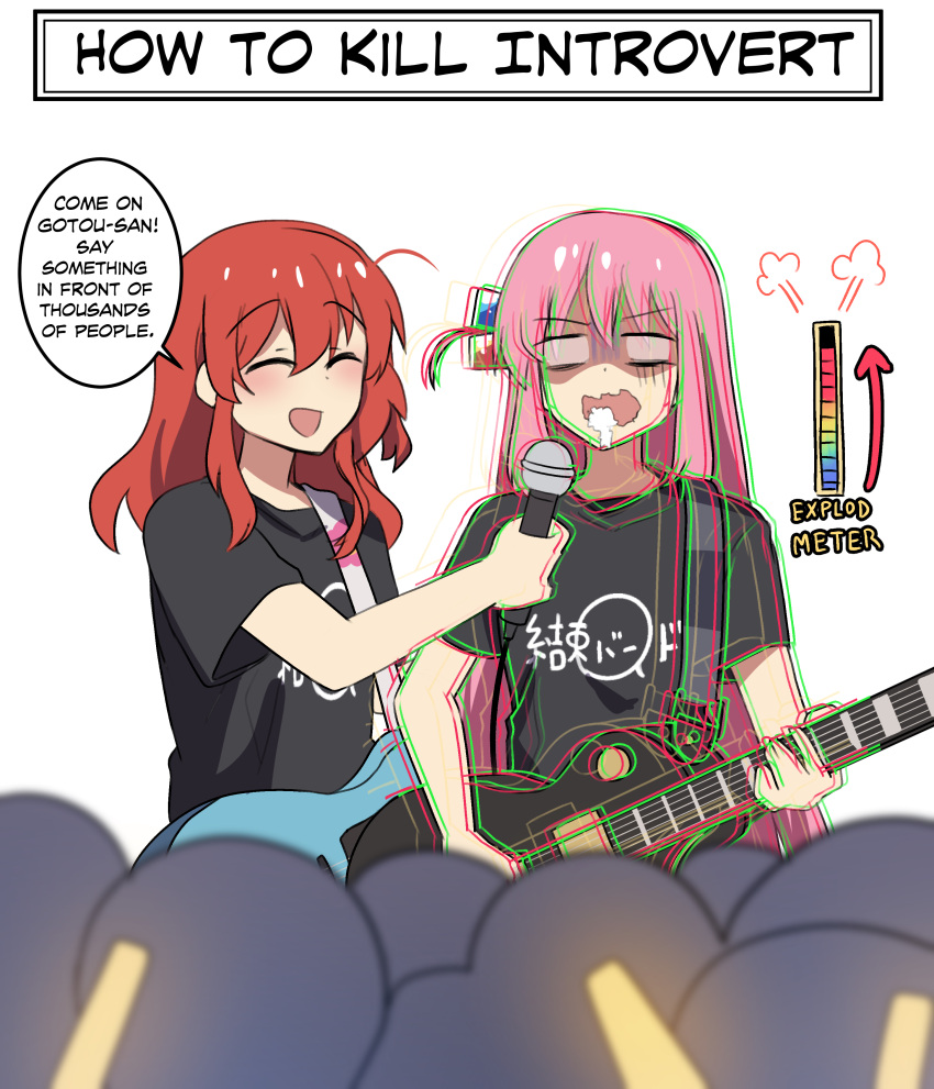 2girls =3 absurdres black_shirt blurry bocchi_the_rock! closed_eyes commentary crowd cube_hair_ornament depth_of_field empty_eyes english_commentary english_text foaming_at_the_mouth glowstick gotou_hitori guitar hair_between_eyes hair_ornament highres hinghoi holding holding_instrument holding_microphone instrument kita_ikuyo long_hair microphone multiple_girls nervous one_side_up open_mouth pink_hair red_hair scared shaded_face shirt short_sleeves sidelocks simple_background speech_bubble trembling v-shaped_eyebrows very_long_hair wavy_hair wavy_mouth white_background