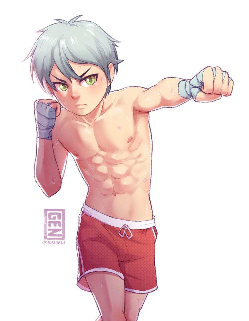 1boy absurdres artist_name bandaged_arm bandages bishounen boxer boxing_shorts commission cowboy_shot english_commentary green_eyes highres incoming_attack incoming_punch justnetd male_focus original punching shorts simple_background solo sweat toned toned_male topless_male white_hair