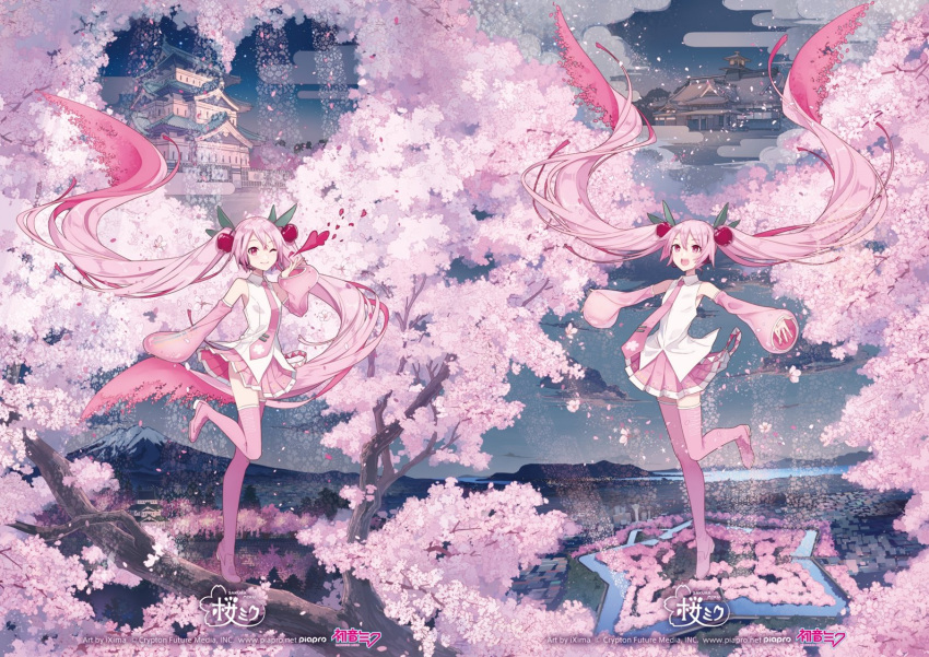 2girls absurdly_long_hair aomori_prefecture architecture belt branch castle cherry_blossom_print cherry_blossoms cherry_hair_ornament clone closed_mouth cloud commentary crypton_future_media detached_sleeves east_asian_architecture falling_petals floating_hair floral_print flower food-themed_hair_ornament full_body goryoukaku hair_ornament hair_petal hakodate_(city) hatsune_miku heart hirosaki_castle ixima leg_up long_hair looking_at_viewer mansion miniskirt mountainous_horizon multiple_girls necktie ocean official_art one_eye_closed open_mouth outstretched_arms petals piano_print piapro pink_eyes pink_flower pink_hair pink_necktie pink_skirt pink_sleeves pink_theme pink_thighhighs pleated_skirt river sakura_miku second-party_source shirt skirt sleeveless sleeveless_shirt sleeves_past_wrists smile solo standing standing_on_one_leg star_(symbol) thighhighs tie_clip tree very_long_hair vocaloid white_shirt zettai_ryouiki