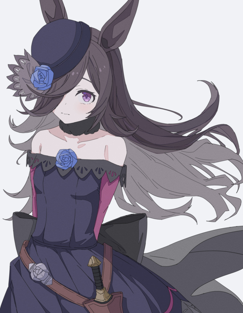 1girl animal_ears arms_behind_back bare_shoulders belt black_bow black_hair blue_flower blue_headwear blue_rose bow breasts choker closed_mouth dagger dress flower hair_over_one_eye hat hat_flower highres horse_ears horse_girl horse_tail knife long_hair long_sleeves looking_at_viewer off-shoulder_dress off_shoulder purple_eyes rice_shower_(umamusume) rose simple_background small_breasts solo tail umamusume upper_body weapon yu_yin