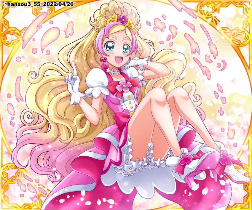 1girl ankle_boots blonde_hair bloomers blue_eyes boots bow commentary cure_flora dated dress earrings floating gloves go!_princess_precure gradient_hair half-dress hand_in_own_hair hanzou haruno_haruka high_heel_boots high_heels highres index_finger_raised jewelry long_hair looking_at_viewer magical_girl miniskirt multicolored_hair open_mouth pink_bow pink_dress pink_hair pink_skirt precure skirt smile solo streaked_hair swept_bangs tiara twitter_username two-tone_hair underwear very_long_hair waist_bow white_footwear white_gloves