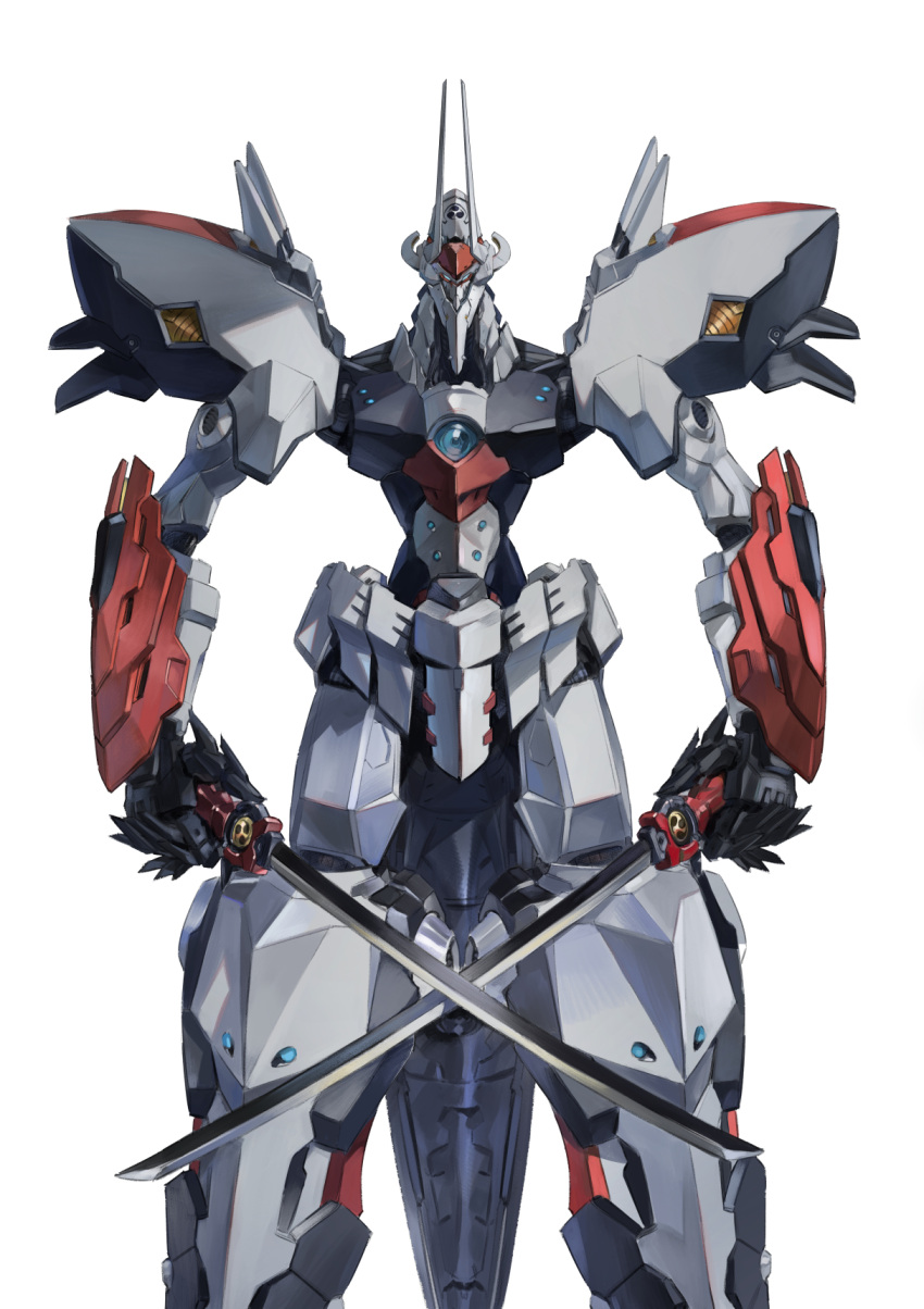 blue_eyes dual_wielding highres holding holding_sword holding_weapon horns katana kurogane_no_linebarrel linebarrel mecha mitsudomoe_(shape) no_humans official_art robot shimizu_eiichi shimoguchi_tomohiro solo straight-on sword tomoe_(symbol) weapon white_background