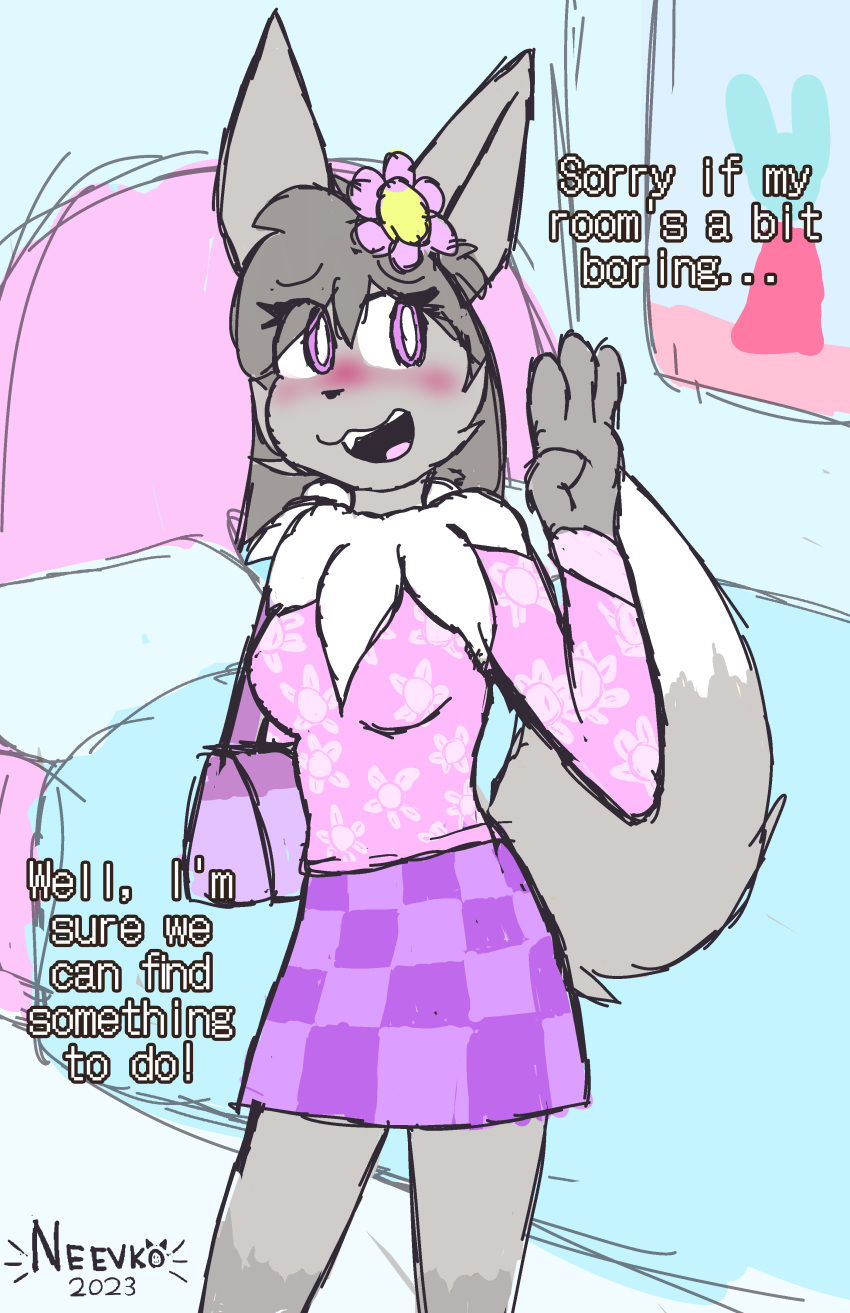 absurd_res accessory anthro bed bedroom blush bottomwear canid checkered_bottomwear checkered_clothing checkered_skirt clothed clothing dialogue digital_media_(artwork) eevee english_text female flower flower_in_hair fur furniture generation_1_pokemon hair hair_accessory hi_res looking_away mammal nintendo notsafeforvee open_mouth pattern_bottomwear pattern_clothing pattern_skirt plant pokemon pokemon_(species) purse shiny_pokemon shy simple_background skirt solo standing tail text