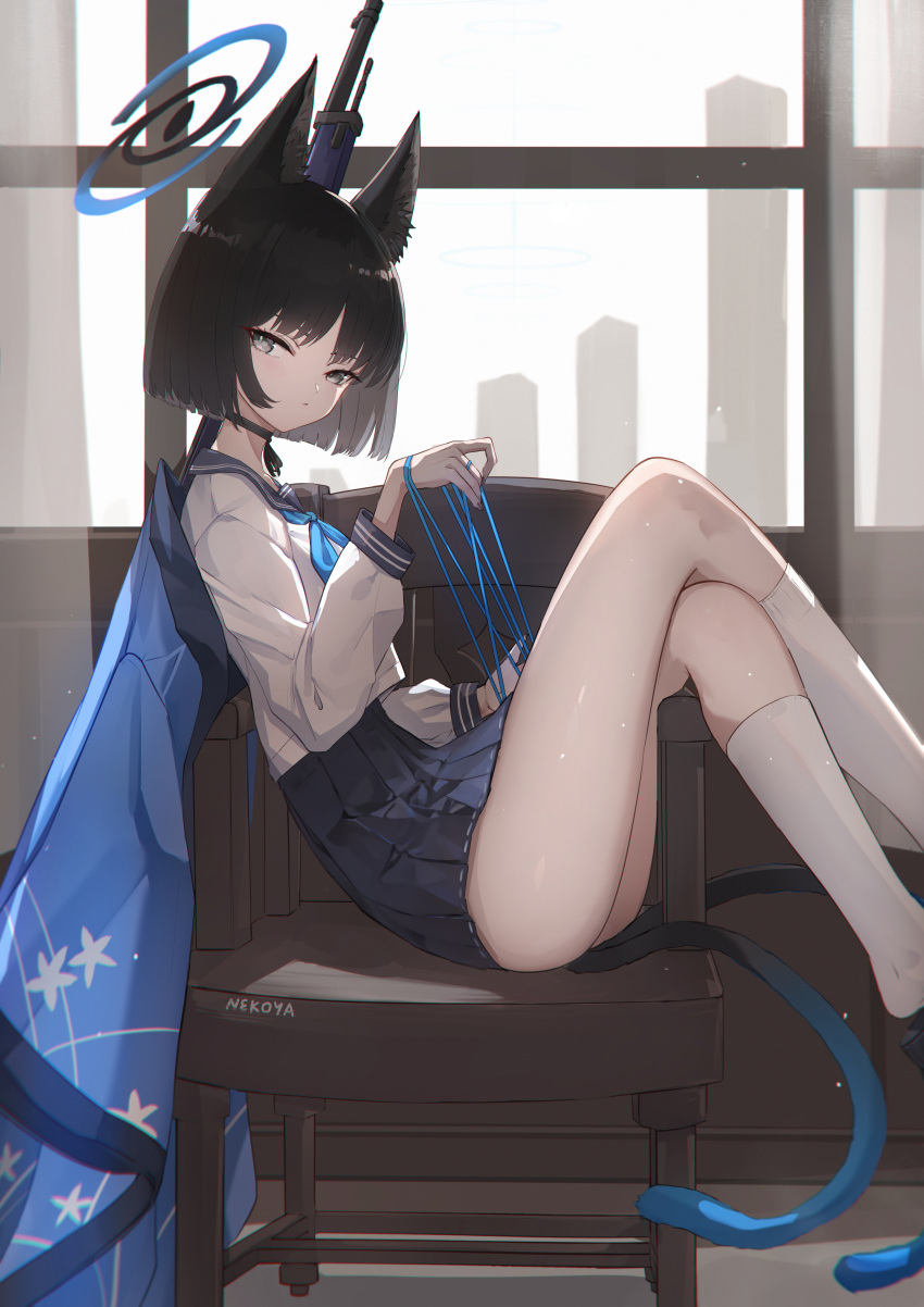 1girl absurdres animal_ears artist_name black_eyes black_hair black_sailor_collar black_skirt blue_archive blue_halo blue_neckerchief cat's_cradle cat_ears cat_tail chair closed_mouth halo haori highres japanese_clothes kikyou_(blue_archive) long_sleeves looking_at_viewer multiple_tails neckerchief nekoya_(liu) pleated_skirt sailor_collar school_uniform serafuku short_hair signature sitting skirt socks solo tail two_tails white_socks