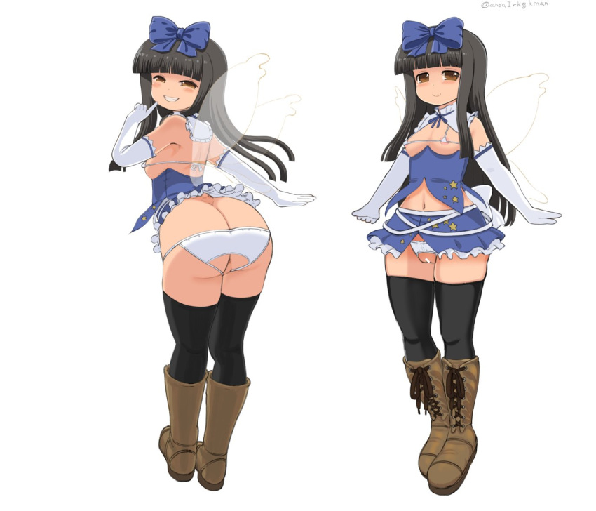 1girl adapted_costume areola_slip ass bare_shoulders bikini black_hair black_thighhighs blue_bow blunt_bangs blush boots bow breasts closed_mouth commentary_request crotchless crotchless_panties elbow_gloves fairy_wings frilled_shirt_collar frills full_body gloves grin hair_bow half-closed_eyes hamaburicchi index_finger_raised knee_boots long_hair looking_at_viewer looking_back micro_bikini microskirt multiple_views navel panties revealing_clothes simple_background skirt small_breasts smile standing star_(symbol) star_print star_sapphire swimsuit thighhighs touhou underwear very_long_hair white_background wings
