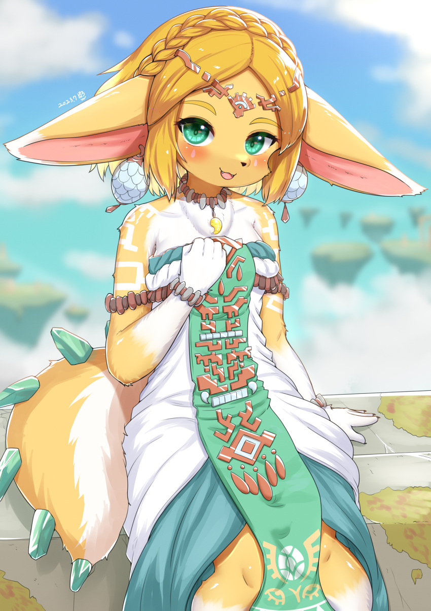 2023 alternate_species anthro blush breasts canid canine clothed clothing cute_fangs digital_media_(artwork) female female_anthro fox fur furrification hair hi_res horokusa0519 kemono looking_at_viewer mammal multicolored_body multicolored_fur nintendo princess_zelda solo the_legend_of_zelda