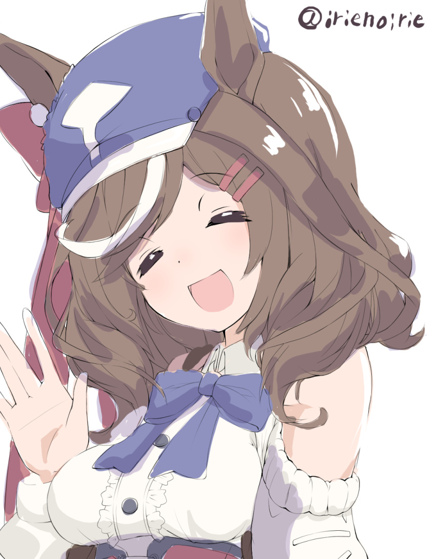 1girl animal_ears blue_bow blue_headwear bow breasts brown_hair buttons cabbie_hat closed_eyes clothing_cutout hair_ornament hairclip hat highres horse_ears horse_girl irie_keisuke_(handn) long_hair long_sleeves matikane_tannhauser_(umamusume) medium_breasts multicolored_hair open_mouth shoulder_cutout simple_background smile solo streaked_hair twitter_username umamusume upper_body white_background white_hair