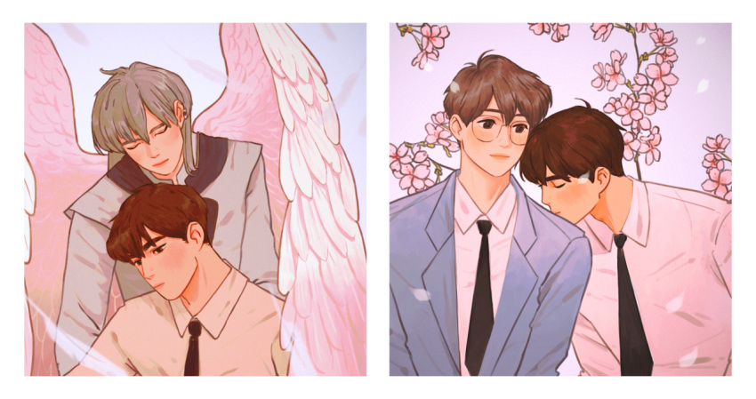 3boys angel_wings blazer brown_eyes brown_hair cardcaptor_sakura cherry_blossoms closed_eyes couple falling_feathers falling_petals feathered_wings glasses jacket kinomoto_touya kiss long_hair male_focus multiple_boys necktie petals robe sa2sugu shirt short_hair tsukishiro_yukito upper_body white_hair wings yaoi yue_(cardcaptor_sakura)