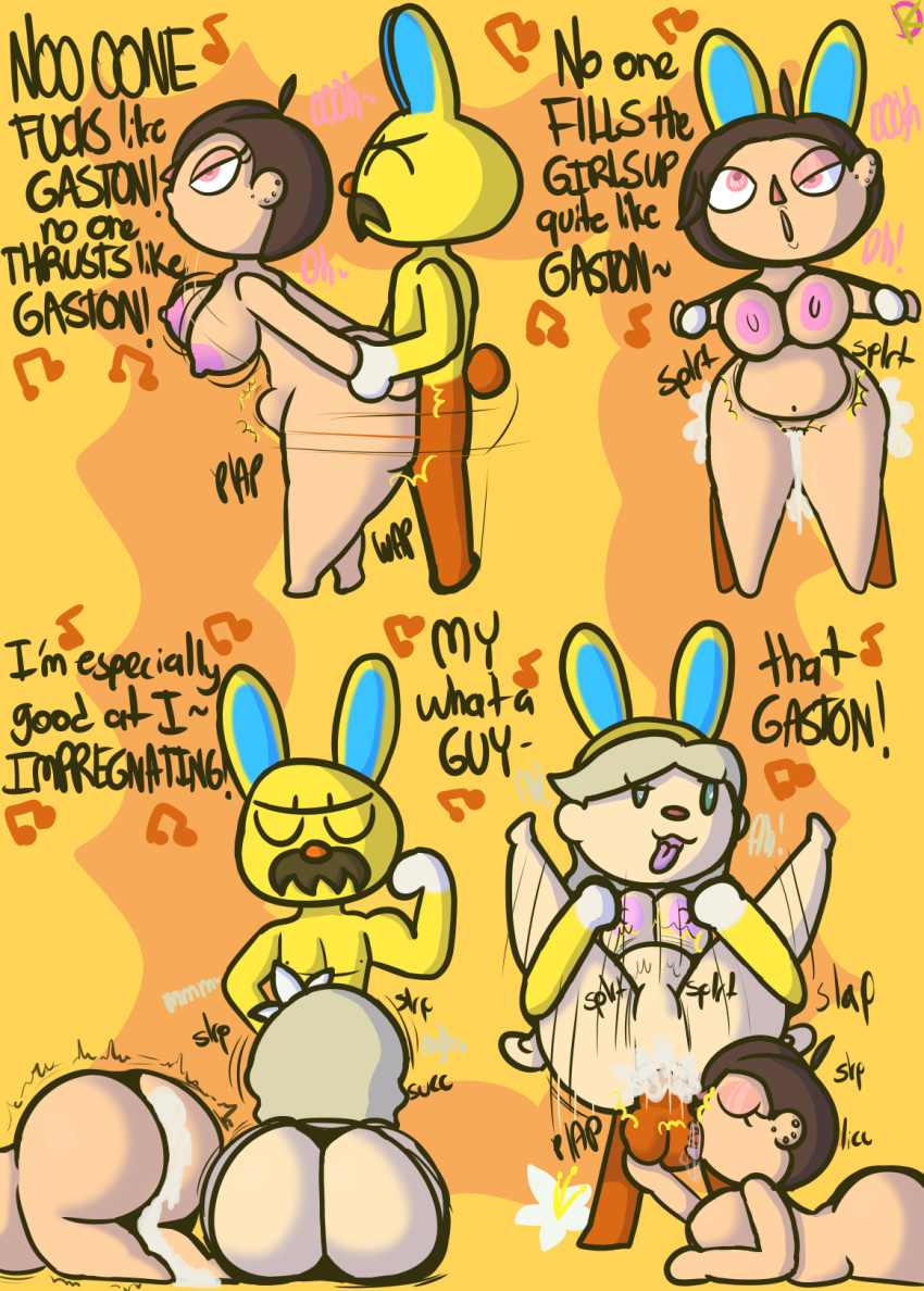 &lt;3 &lt;3_eyes abdominal_bulge ahegao ambiguous_penetration animal_crossing anthro arm_grab ball_lick balls big_butt bodily_fluids bouncing_breasts breasts bubble_butt butt comic cum cum_inflation cum_inside female ffm_threesome full_nelson gaston_(animal_crossing) genital_fluids genitals group group_sex hi_res human implied_oral inflation klutzatdusk lagomorph leporid licking looking_pleasured male male/female mammal nintendo oral penetration rabbit sex spread_legs spreading standing standing_sex threesome tongue tongue_out trio vaginal vaginal_penetration villager_(animal_crossing)