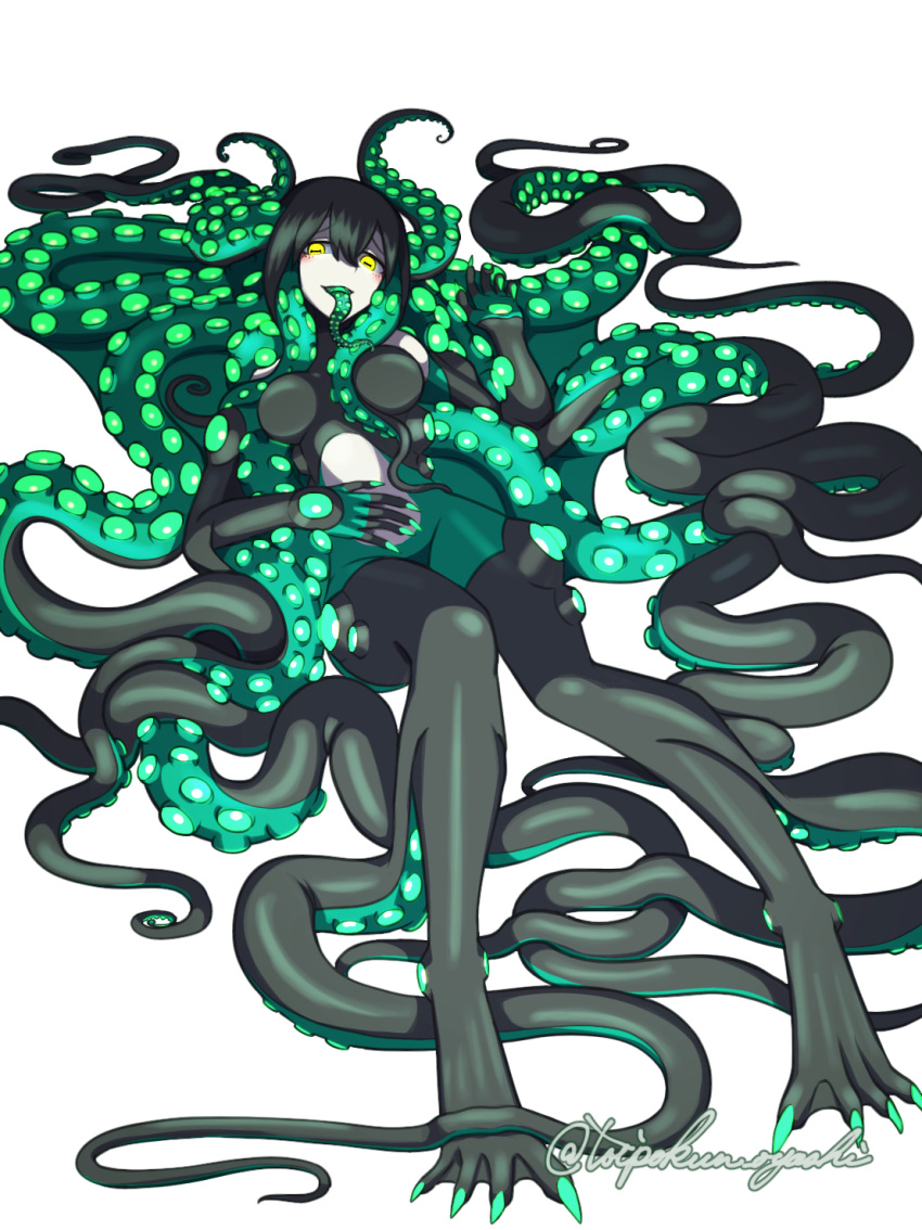 1girl absurdly_long_hair artist_name breasts claws colored_inner_hair colored_skin colored_tongue digitigrade fingernails full_body green_hair green_nails green_skin green_tongue hair_between_eyes highres horizontal_pupils long_hair looking_at_viewer lying medium_breasts monster_girl multicolored_hair multicolored_skin on_back open_mouth original sharp_fingernails sharp_teeth simple_background solo suction_cups teeth tentacle_hair tentacle_tongue toipokun_oyashi tongue tongue_out twitter_username very_long_hair webbed_feet white_background yellow_eyes
