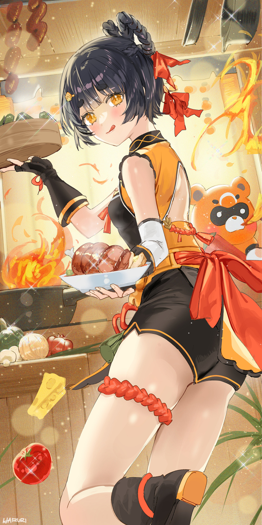 1girl :q back_cutout black_footwear black_gloves black_hair black_shorts boned_meat cheese chinese_clothes clothing_cutout commentary_request fingerless_gloves fire food foot_out_of_frame from_side frying_pan genshin_impact gloves guoba_(genshin_impact) hair_ornament hair_rings hairclip haruri highres holding holding_plate looking_at_viewer meat mushroom onion orange_eyes orange_shirt plate shirt short_hair shorts sleeveless sleeveless_shirt tassel tomato tongue tongue_out xiangling_(genshin_impact)