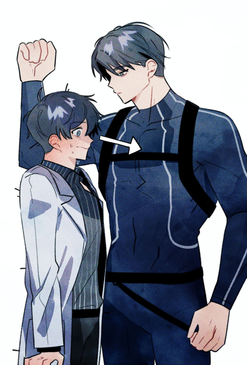 2boys arrow_(symbol) black_hair black_shirt blue_male_swimwear blush bodysuit closed_mouth collared_shirt commentary_request diving_suit eoduun_badaui_deungbul-i_doeeo highres korean_commentary lab_coat long_sleeves looking_at_another looking_at_pectorals male_focus male_swimwear multiple_boys park_moo-hyun shin_hae-ryang shirt short_hair simple_background standing striped striped_shirt suae sweat vertical-striped_shirt vertical_stripes wetsuit white_background yaoi