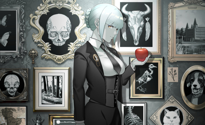 364ing01 animal animal_skeleton animal_skull apple bob_cut braid breasts cropped_jacket food french_braid fruit hair_bun highres holding holding_food holding_fruit large_breasts looking_at_viewer necktie original picture_frame sidelocks skeleton skull smile white_hair yellow_eyes