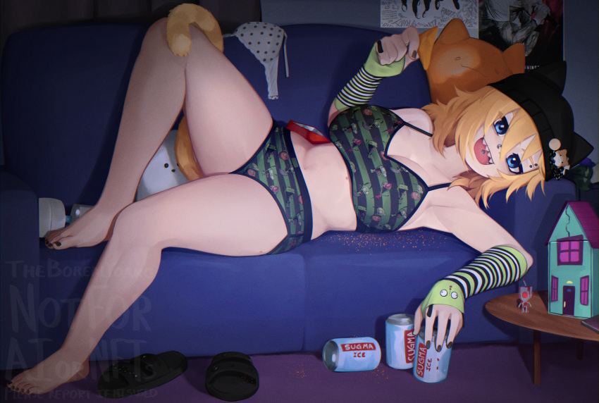 1girl :d animal_ears armpits bare_legs bare_shoulders barefoot beanie black_headwear black_nails blonde_hair blue_eyes bra breasts can cat_ears cat_girl cat_tail commentary couch deez_nuts_(meme) doritos english_commentary english_text eyebrow_piercing eyes_visible_through_hair feet full_body hair_between_eyes hat hat_ornament hat_with_ears highres indoors invader_zim large_breasts long_hair lying meme messy nail_polish nose_piercing on_couch on_side open_mouth original panties piercing polka_dot polka_dot_bra print_bra print_panties sharp_teeth slippers smile solo striped striped_bra striped_panties stuffed_toy table tail teeth toenail_polish toenails toes tongue_piercing underwear underwear_only unworn_bra watermark yoako