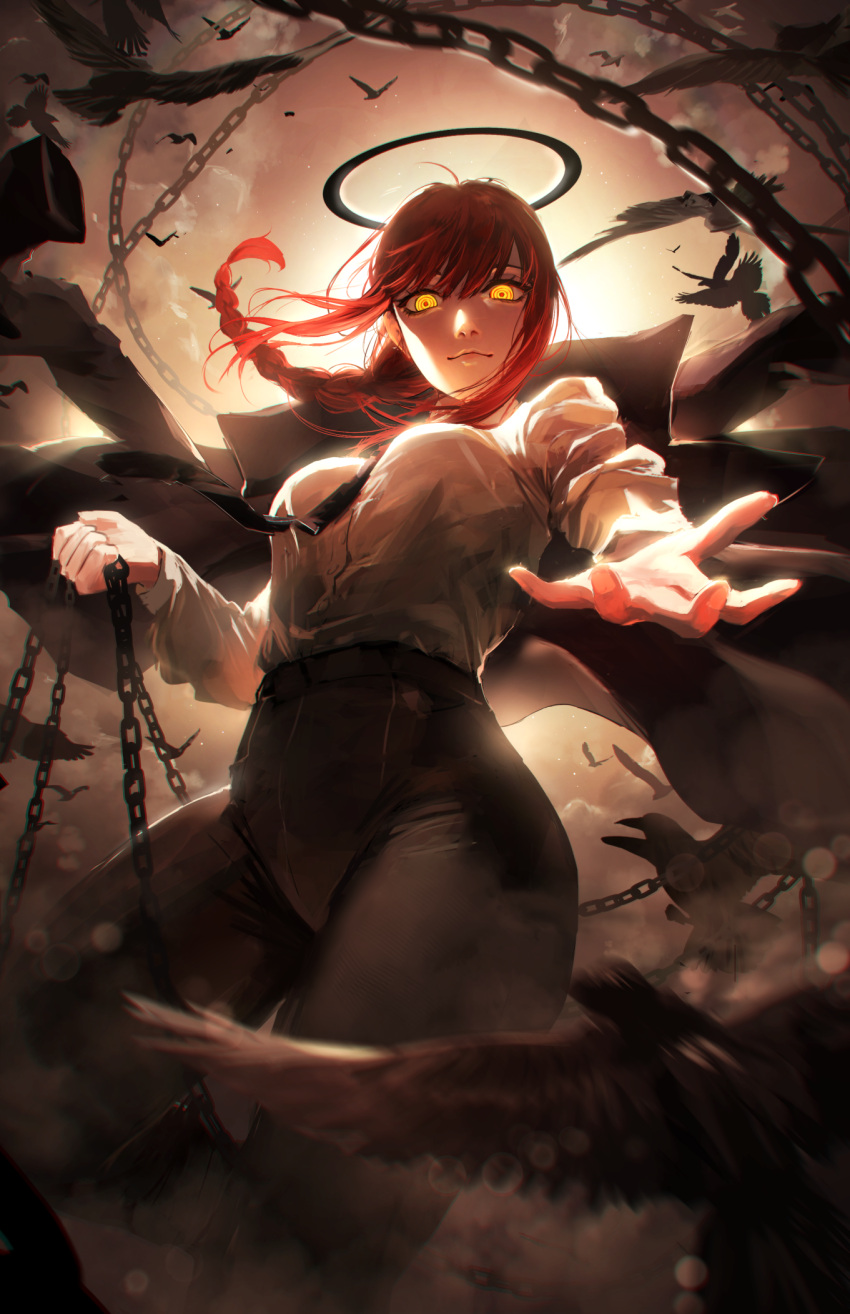 1girl bird black_necktie black_pants black_suit braid braided_ponytail breasts chain chainsaw_man collared_shirt crow formal halo high-waist_pants highres holding holding_chain long_sleeves looking_at_viewer makima_(chainsaw_man) medium_breasts medium_hair meltyrice necktie office_lady pants reaching reaching_towards_viewer red_hair ringed_eyes shirt shirt_tucked_in solo suit white_shirt yellow_eyes