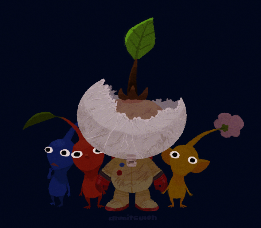 1boy artist_name azuki_(anmitsuion) backpack bag black_background black_eyes blue_pikmin blue_skin broken_helmet brown_hair buttons colored_skin commentary crack cracked_glass dirty dirty_clothes flower gloves hand_on_own_chin head_tilt helmet leaf male_focus no_mouth olimar olimin pikmin_(creature) pikmin_(series) pointy_ears pointy_nose red_bag red_gloves red_pikmin red_skin short_hair space_helmet spacesuit straight-on triangle_mouth very_short_hair whistle white_flower yellow_pikmin yellow_skin