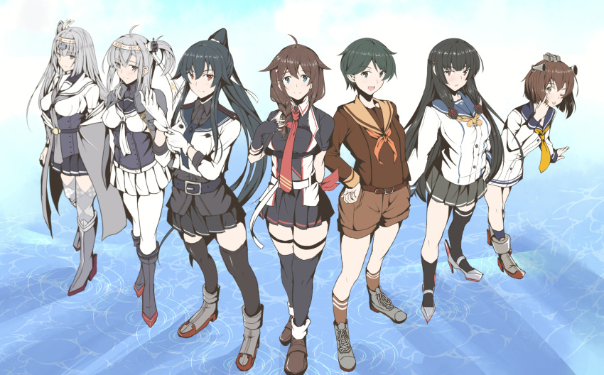 ahoge akanbe arms_behind_back artist_name black_gloves black_hair black_necktie black_sailor_collar black_shirt black_skirt black_wristband blue_background blue_eyes blue_sailor_collar border braid breasts brown_eyes brown_hair brown_sailor_collar brown_serafuku brown_shirt brown_shorts buttons closed_mouth clothes_removed collared_shirt commentary_request corset cowboy_shot dated double-breasted dress epaulettes finger_to_eye fingerless_gloves fuyutsuki_(kancolle) gloves green_eyes grey_background grey_eyes grey_hair grey_jacket grey_neckerchief grey_skirt hachimaki hair_between_eyes hair_flaps hair_over_shoulder hair_ribbon hand_on_own_chest headband headgear highres isokaze_(kancolle) jacket jacket_on_shoulders kantai_collection large_breasts leaning_forward long_hair long_sleeves looking_at_viewer medium_breasts mogami_(kancolle) mogami_kai_ni_(kancolle) neckerchief necktie one_eye_closed one_side_up open_mouth orange_neckerchief pleated_skirt ponytail red_eyes red_necktie ribbon sailor_collar sailor_dress school_uniform scrunchie serafuku shigure_(kancolle) shigure_kai_san_(kancolle) shirt short_hair shorts sidelocks signature simple_background single_braid skirt sleeveless sleeveless_shirt smile speaking_tube_headset suzutsuki_(kancolle) swept_bangs taira_yuuki tongue tongue_out tress_ribbon twitter_username two-tone_shirt upper_body very_long_hair white_background white_border white_gloves white_headband white_neckerchief white_skirt yahagi_(kancolle) yahagi_kai_ni_(kancolle) yellow_neckerchief yellow_ribbon yukikaze_(kancolle)