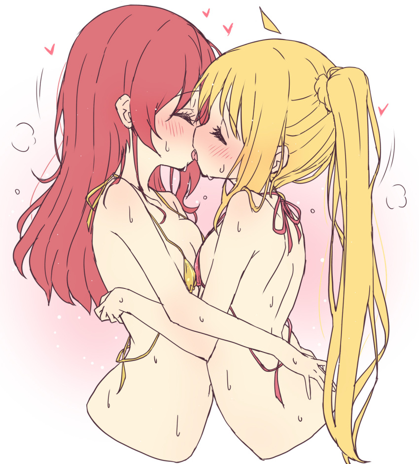 2girls ahoge back bikini blonde_hair blush bocchi_the_rock! breasts closed_eyes cropped_torso french_kiss halterneck heart highres hug ijichi_nijika kiss kita_ikuyo long_hair mel_(melty_pot) micro_bikini multiple_girls one_side_up red_bikini red_hair side_ponytail small_breasts sweat swimsuit tongue untied untied_bikini yellow_bikini yuri