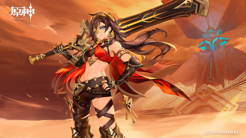 1girl @_(symbol) animal_ears artist_logo asymmetrical_clothes belly blue_eyes breasts brown_hair cat_ears copyright_name dark_skin dehya_(genshin_impact) desert fingerless_gloves genshin_impact gloves highres holding holding_sword holding_weapon looking_at_viewer medium_breasts navel official_art official_wallpaper smile solo standing sword weapon