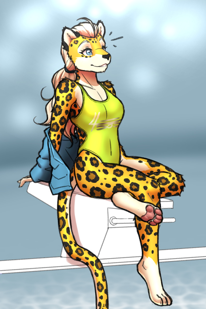 2023 4_toes 5_fingers absurd_res anthro barefoot black_nose blonde_hair breasts clothing feet felid female fingers fur hair hi_res hindpaw humanoid_hands leopard mammal multicolored_body multicolored_fur mykegreywolf one-piece_swimsuit pantherine pawpads paws sitting solo spots spotted_body spotted_fur swimming_pool swimwear toes two_tone_body two_tone_fur white_body white_fur yellow_body yellow_fur