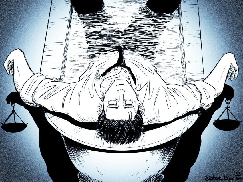 1boy bathtub closed_mouth collared_shirt cowboy_shot greyscale highres higuruma_hiromi jujutsu_kaisen kurumada_kazz looking_at_viewer male_focus monochrome necktie pants partially_submerged shirt short_hair sleeves_rolled_up solo twitter_username weighing_scale