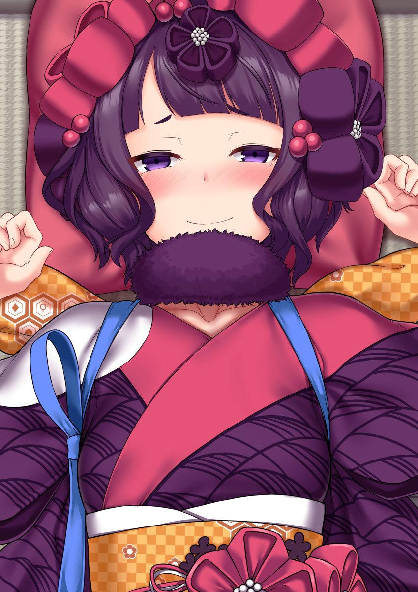 1girl absurdres blue_eyes blush breasts collarbone fate/grand_order fate_(series) fur_collar hair_ornament hairpin highres hitotsuki_nebura japanese_clothes katsushika_hokusai_(fate) kimono large_breasts long_sleeves looking_at_viewer lying on_back purple_hair purple_kimono red_kimono sash short_hair smile solo textless_version wide_sleeves