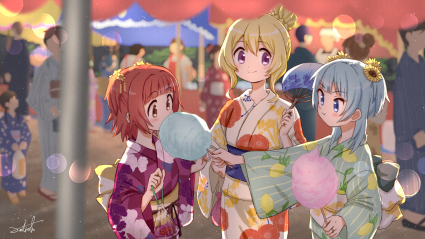 4girls 6+girls :t akino_kaede animal bag bagged_fish blonde_hair blue_eyes blue_hair blurry blurry_background blush braid brown_eyes brown_hair closed_mouth commentary_request cotton_candy depth_of_field eating fish floral_print food goldfish green_kimono hair_between_eyes hair_bun hand_fan holding holding_fan holding_food japanese_clothes kimono lemon_print long_sleeves magia_record:_mahou_shoujo_madoka_magica_gaiden mahou_shoujo_madoka_magica minami_rena multiple_girls obi outdoors paper_fan plastic_bag print_kimono purple_eyes purple_kimono sash signature smile togame_momoko two_side_up uchiwa umiroku water white_kimono wide_sleeves