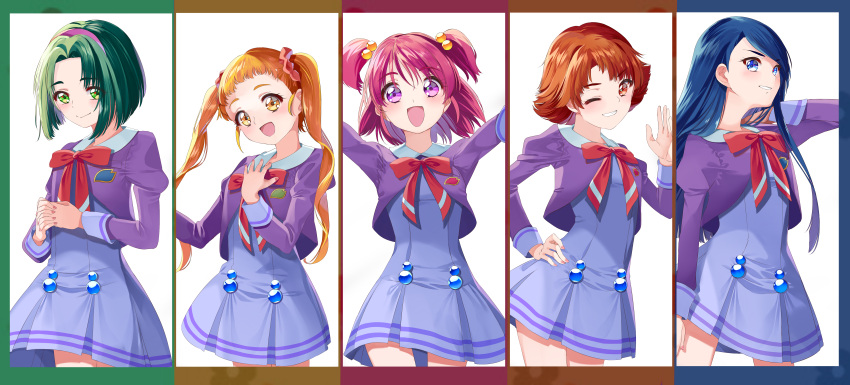 5girls :d absurdres akimoto_komachi arms_up blonde_hair blue_dress blue_eyes blue_hair bob_cut bow bowtie closed_mouth collared_shirt commentary dress green_eyes green_hair grin hair_bobbles hair_ornament hair_scrunchie hairband hand_in_own_hair hand_on_own_chest hand_on_own_hip highres interlocked_fingers kasugano_urara_(yes!_precure_5) l'ecole_des_cinq_lumieres_school_uniform long_hair long_sleeves looking_at_viewer medium_hair minazuki_karen multiple_girls natsuki_rin one_eye_closed open_mouth own_hands_together pink_eyes pink_hair pleated_dress precure purple_hairband purple_shirt red_bow red_bowtie red_eyes red_hair red_scrunchie school_uniform scrunchie shirt short_dress short_hair smile standing twintails two_side_up waving yellow_eyes yes!_precure_5 yumehara_nozomi yuutarou_(fukiiincho)