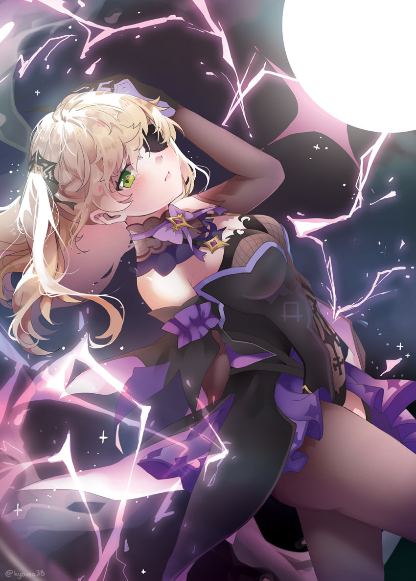 1girl bare_shoulders bat_ornament black_ribbon blonde_hair blush bodystocking bodystocking_under_clothes bodysuit bow bowtie breasts collar commentary eyepatch fischl_(genshin_impact) fishnet_bodysuit fishnets garter_straps genshin_impact gloves green_eyes hair_over_one_eye hair_ribbon highres kyousa38 leotard long_hair medium_breasts purple_bow purple_bowtie purple_ribbon ribbon single_leg_pantyhose single_sleeve single_thighhigh solo tailcoat thighhighs two_side_up