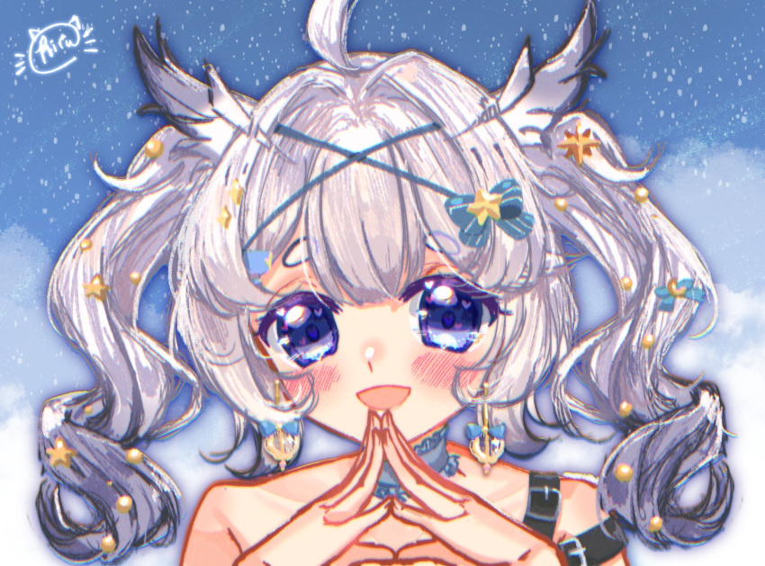 blue_eyes buckle choker earrings grey_hair hair_ornament hair_ribbon highres indie_virtual_youtuber jewelry looking_at_viewer mikazuki_silvi open_mouth owl_ears owl_girl ribbon rirumato single_bare_shoulder virtual_youtuber