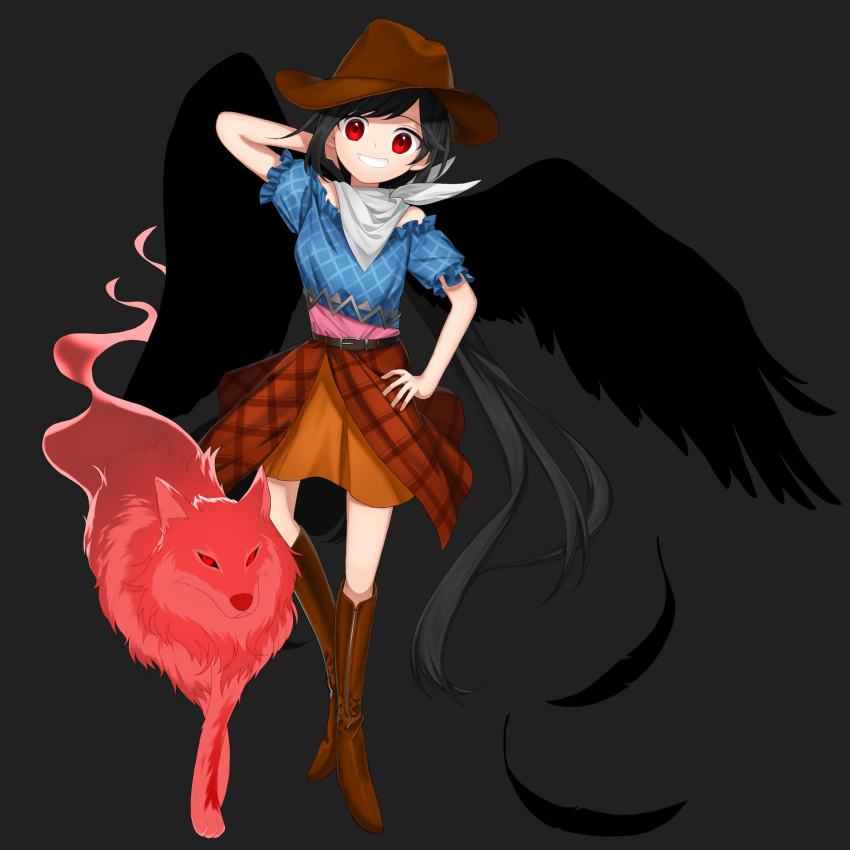 belt black_hair black_wings boots brown_footwear brown_headwear brown_skirt cowboy_boots cowboy_hat full_body hand_on_own_hip hat highres horse_girl keiki8296 kurokoma_saki long_hair looking_at_viewer multicolored_clothes off_shoulder pegasus_wings red_eyes scarf short_sleeves skirt smile standing tachi-e touhou very_long_hair white_scarf wings wolf wolf_spirit_(touhou)