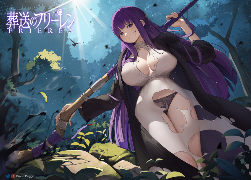 1girl bird black_panties black_robe breasts copyright_name dress falling_leaves fern_(sousou_no_frieren) forest grass greatodoggo highres holding holding_staff large_breasts leaf looking_at_viewer nature panties purple_eyes purple_hair robe rock sky sousou_no_frieren staff torn_clothes torn_dress tree underwear white_dress wide_hips