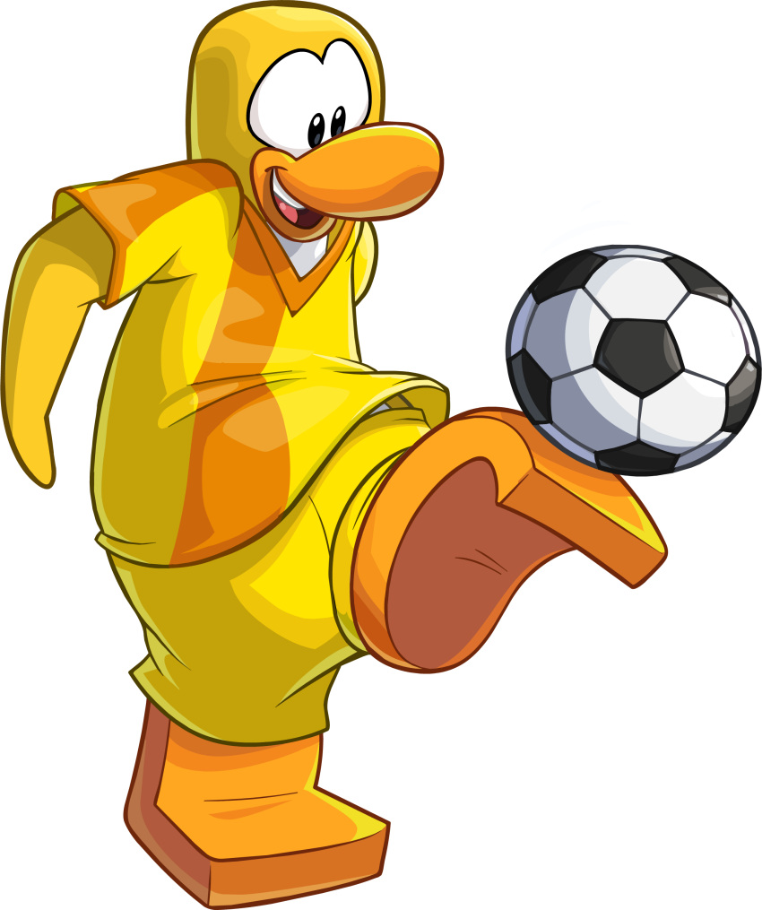 absurd_res avian bald ball bird bottomwear clothing club_penguin full-length_portrait hi_res kicking_ball looking_at_object male official_art open_mouth penguin portrait shirt short_sleeves shorts soccer_ball soccer_uniform solo sportswear topwear uniform unknown_artist upper_teeth_only yellow_body yellow_bottomwear yellow_clothing yellow_shirt yellow_shorts yellow_topwear