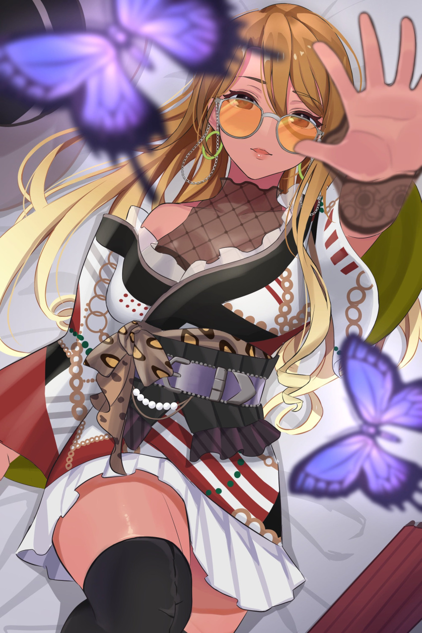 1girl absurdres animal_print bare_shoulders belt bespectacled black_eyes black_wristband blonde_hair blurry blurry_foreground blush breasts brown_hair bug butterfly chain cleavage collarbone dark-skinned_female dark_skin dress earrings fishnets from_above glasses gradient_hair grey-framed_eyewear gyaru highres hoop_earrings idolmaster idolmaster_shiny_colors izumi_mei jewelry knee_up lace_trim large_breasts leopard_print long_hair long_sleeves looking_at_viewer lying multicolored_hair on_back on_bed open_hand parted_lips print_dress purple_belt reaching reaching_towards_viewer rihiro_153 sash see-through smile solo sunglasses tan umbrella white_dress wide_sleeves