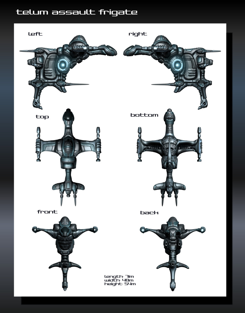 3d assault_ship_(eve_online) commentary concept_art english_text eve_online frigate_(eve_online) from_side gallente_federation_(eve_online) glowing highres military_vehicle multiple_views no_humans original reference_sheet science_fiction spacecraft tech_2_ship_(eve_online) thrusters toneloperu vehicle_focus