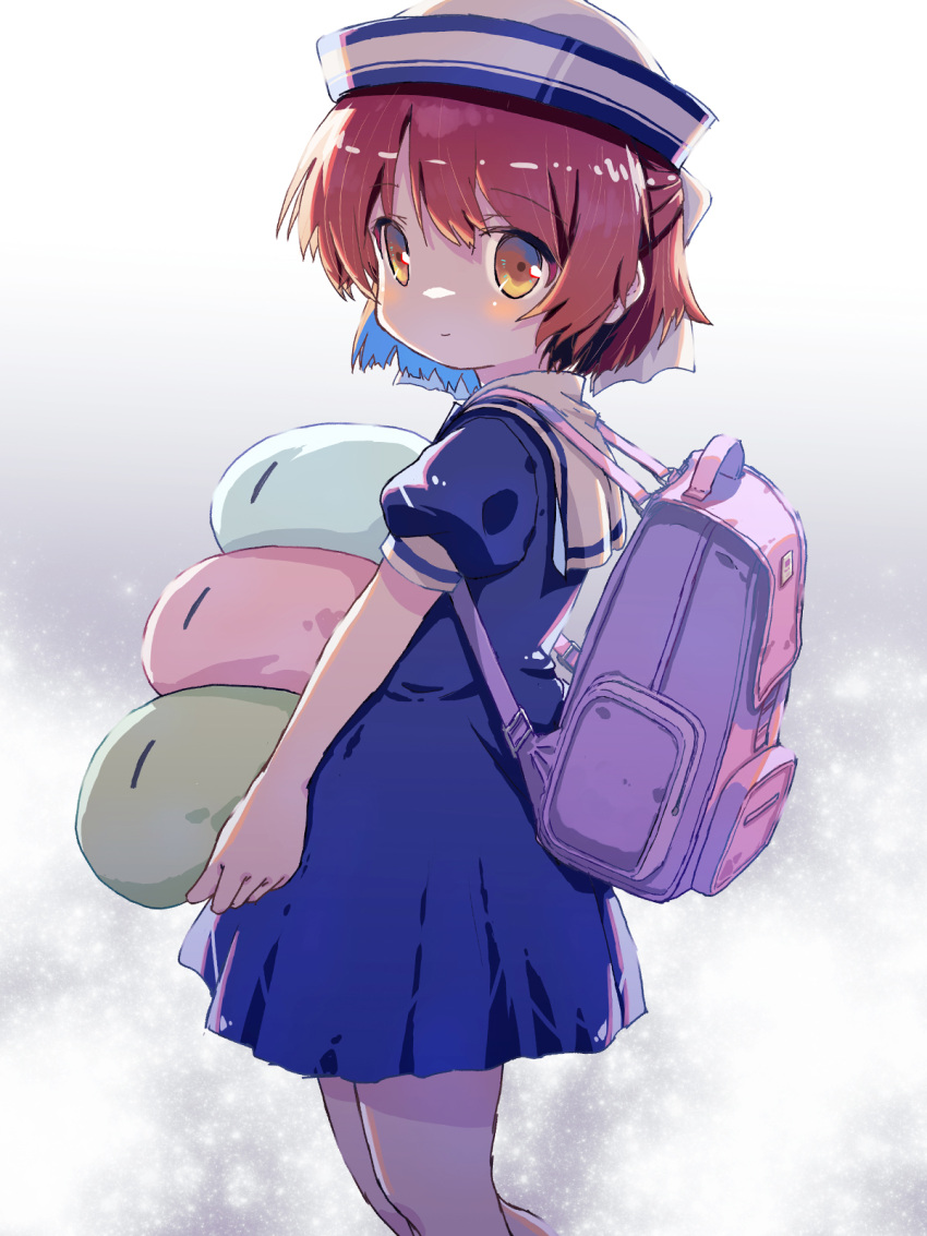 1girl akayama_yukihe backpack bag blue_dress blush brown_eyes brown_hair child clannad closed_mouth commentary cowboy_shot dango_daikazoku dress from_side grey_background hair_between_eyes half_updo hat highres holding holding_stuffed_toy kindergarten_uniform light_smile looking_at_viewer okazaki_ushio puffy_short_sleeves puffy_sleeves sailor_collar sailor_hat school_uniform serafuku short_dress short_hair short_sleeves simple_background solo standing stuffed_toy white_headwear white_sailor_collar |_|