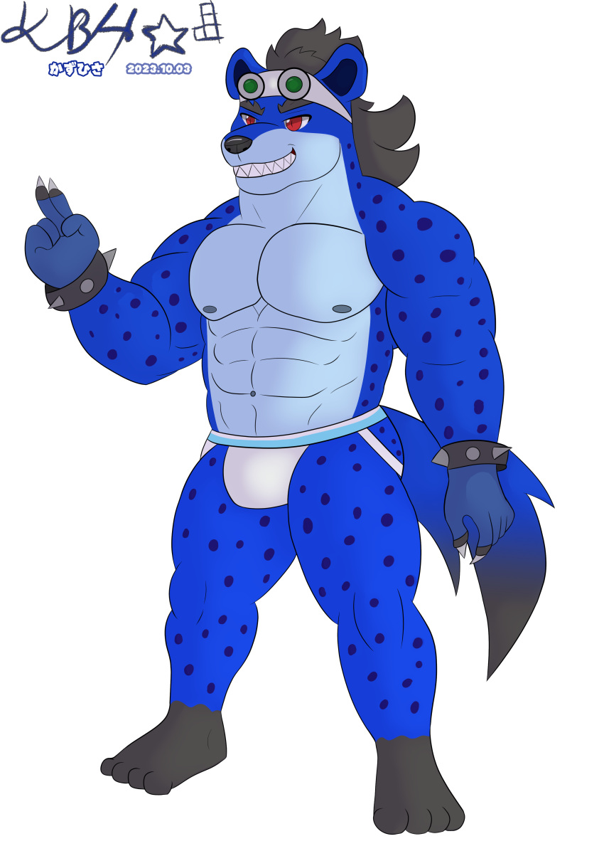 2023 absurd_res anthro barazoku black_hair blue_body blue_fur clothing eyewear eyewear_on_head fur goggles goggles_on_head grin hair hi_res hyena jockstrap kazuhisa kbh_yeen male mammal muscular muscular_male red_eyes smile solo spotted_hyena underwear