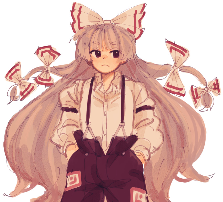 1girl baggy_pants bow brown_eyes buttons collared_shirt cowboy_shot frown fujiwara_no_mokou hair_bow hands_in_pockets highres hime_cut long_hair long_sleeves looking_to_the_side malan ofuda ofuda_on_clothes open_collar pants red_pants shirt simple_background sleeve_garter solo suspenders thick_eyebrows touhou very_long_hair white_background white_bow white_shirt