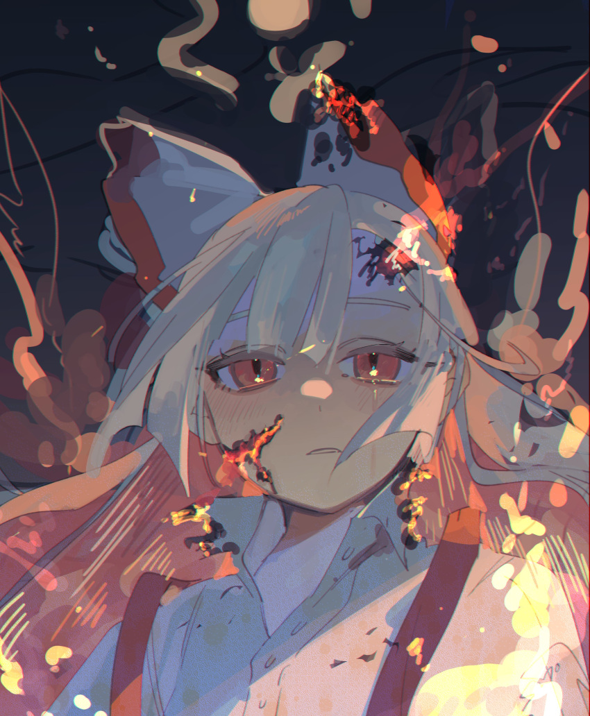 1girl absurdres bow burnt_clothes collared_shirt commentary_request crying crying_with_eyes_open fire frown fujiwara_no_mokou hair_bow highres long_hair looking_at_viewer one-hour_drawing_challenge parted_lips red_bow red_eyes shi_chimi shirt solo suspenders tears touhou two-tone_bow upper_body white_bow white_hair white_shirt