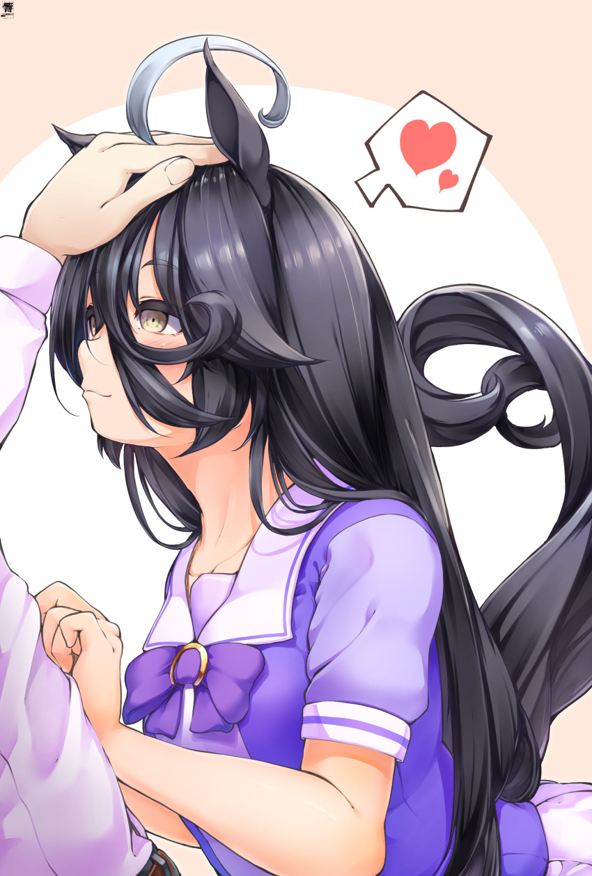 1girl 1other absurdres animal_ears black_hair bow bowtie commentary_request hair_between_eyes headpat heart heart_tail hibiki_(zerocodo) highres horse_ears horse_girl horse_tail long_bangs manhattan_cafe_(umamusume) puffy_short_sleeves puffy_sleeves purple_bow purple_bowtie purple_shirt sailor_collar sailor_shirt school_uniform shirt short_sleeves signature speech_bubble spoken_heart summer_uniform tail tracen_school_uniform umamusume upper_body white_sailor_collar yellow_eyes