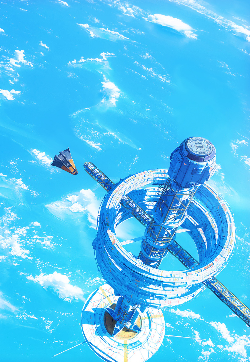 above_clouds blue_theme cloud day dofresh from_above highres no_humans outdoors perspective planet scenery science_fiction singularity's_children space space_station spacecraft zero_gravity