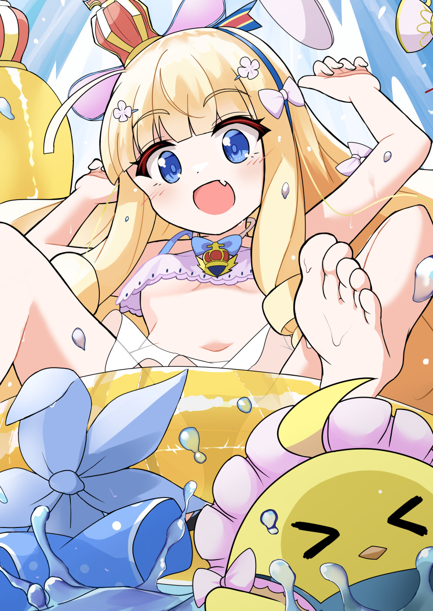 1girl :d absurdres ahoge azur_lane barefoot bikini bird blonde_hair blue_eyes breasts buri-chan_(britishpine1989) chick crown cup fang hair_ribbon hands_up highres innertube manjuu_(azur_lane) mini_crown navel official_alternate_costume open_mouth purple_bikini queen_elizabeth_(azur_lane) queen_elizabeth_(seaside_orders)_(azur_lane) ribbon skin_fang small_breasts smile stomach swimsuit teacup tilted_headwear toes underboob water water_slide white_ribbon yellow_innertube